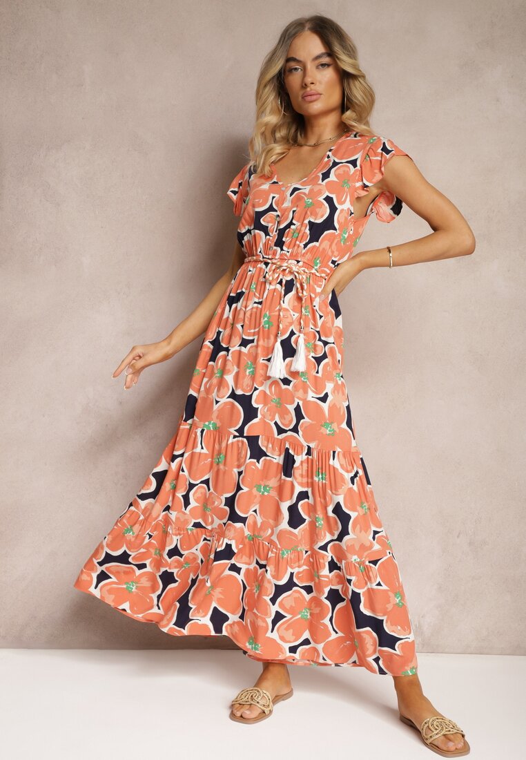 Rochie Portocalie Florală din Viscoză cu Elastic în Talie și Cordon din Material Vikennia
