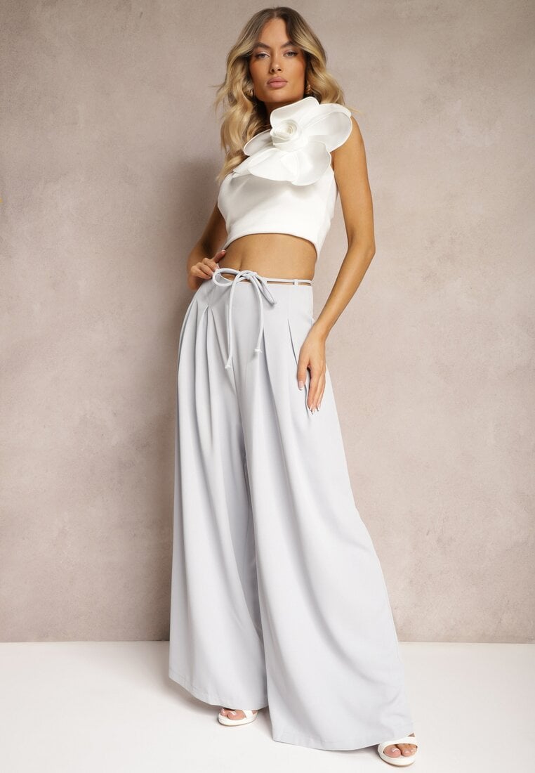 Pantaloni Largi Albastru deschis Talie înaltă Cu fermoar Cu cordon în talie Vikonnia