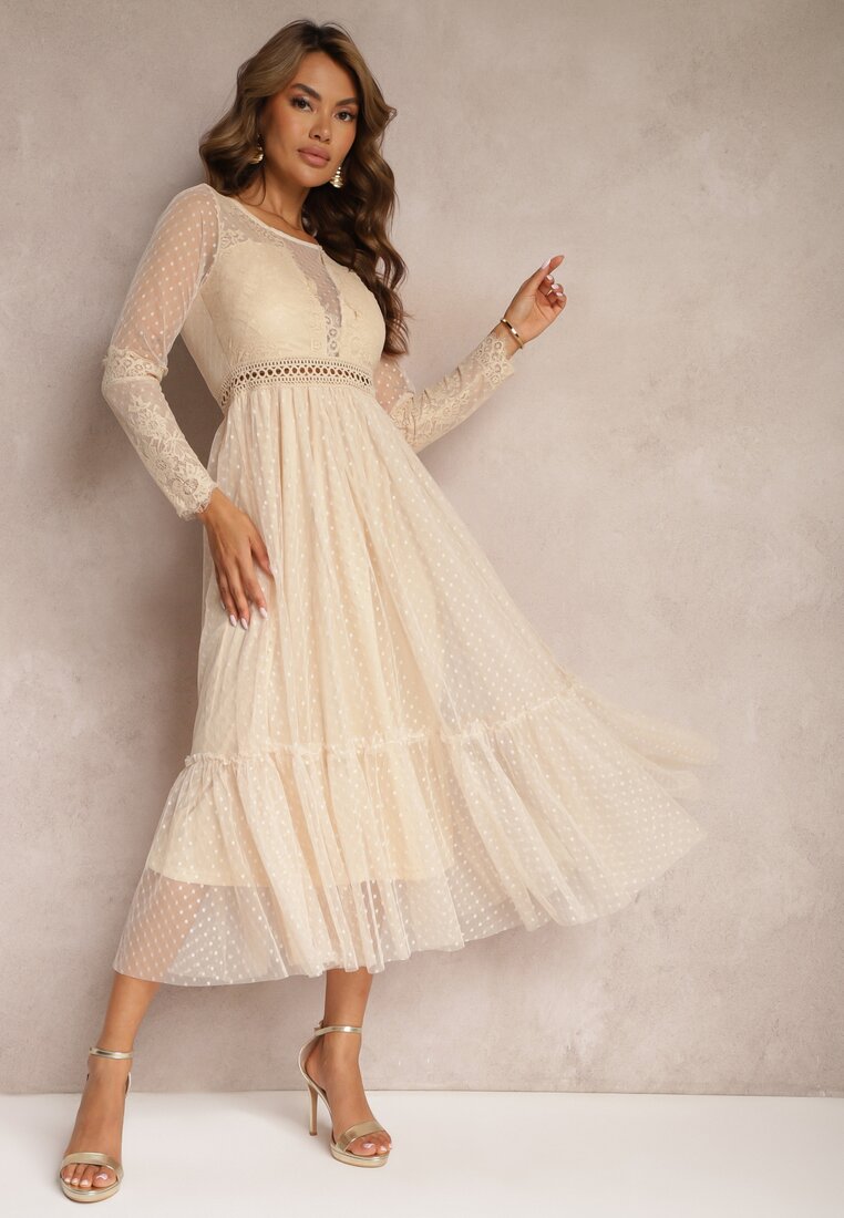 Rochie Maxi Bej închis cu croială evazată cu dantelă decorativă și tul Steilla