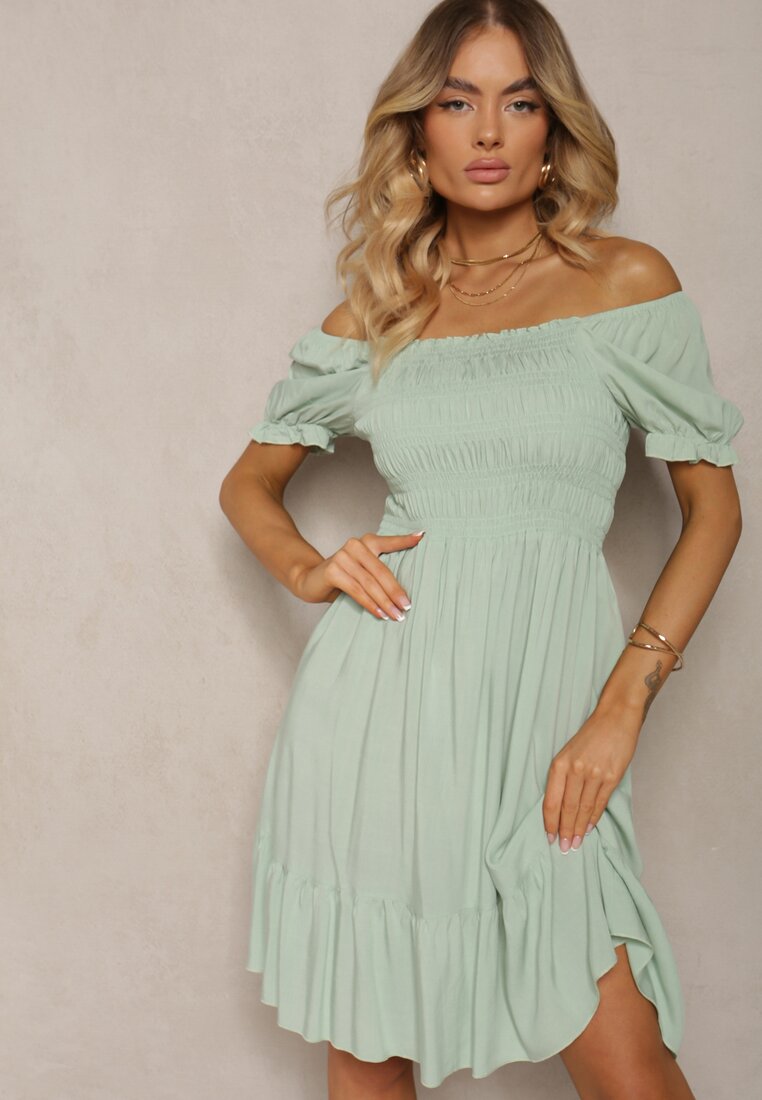 Rochie Verde din bumbac cu croi evazat cu elastic la decolteu Moridia