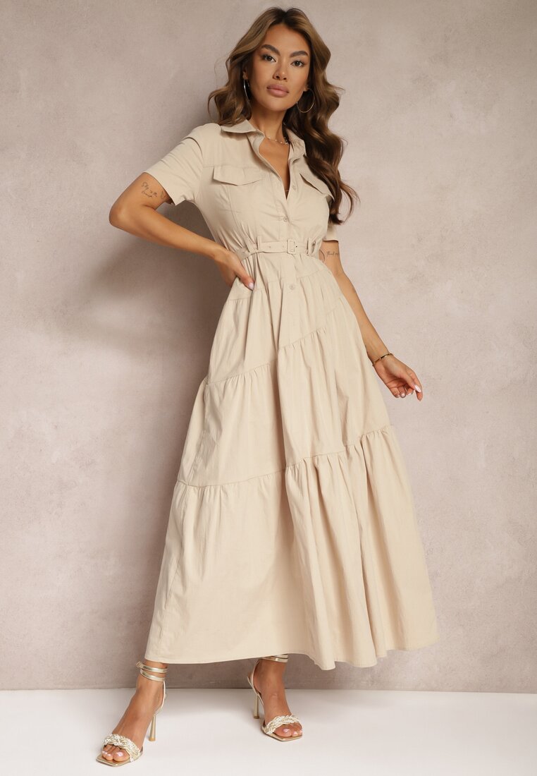 Rochie Bej Din Bumbac Evazată Cambrată în Talie Nenefia