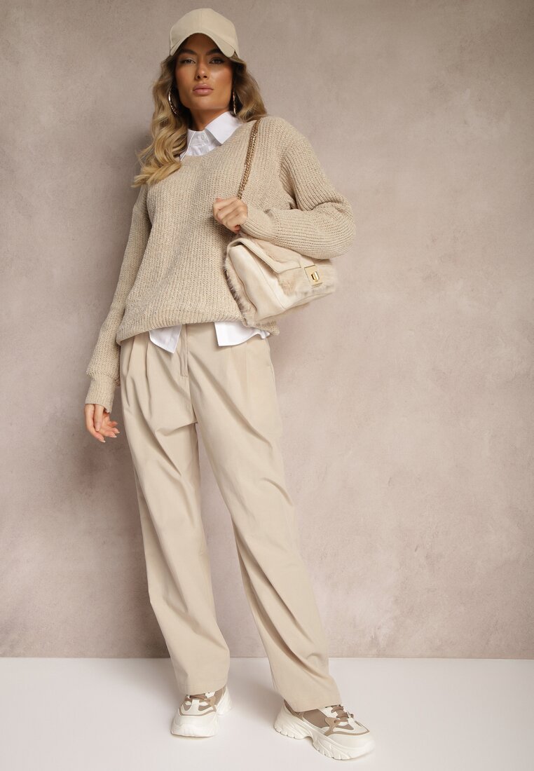 Pantaloni de costum Bej din bumbac cu picioare largi Befia