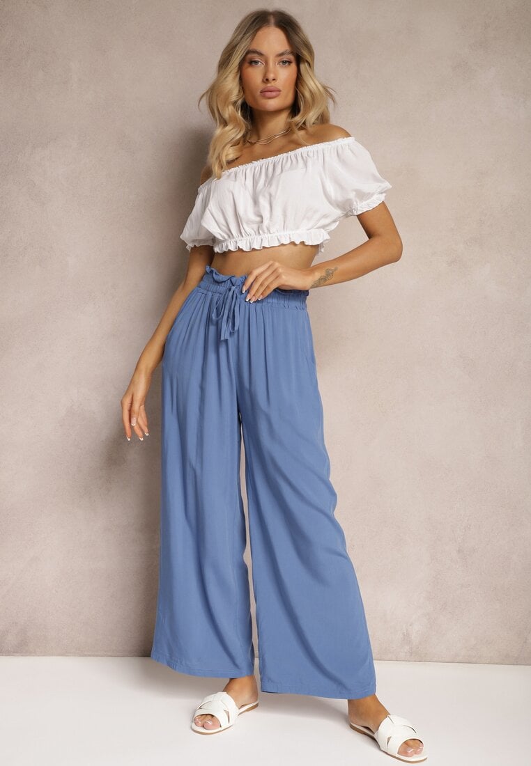 Pantaloni Albastri Palazzo cu Talie Înaltă din Bumbac cu Elastic în Talie Nellsea