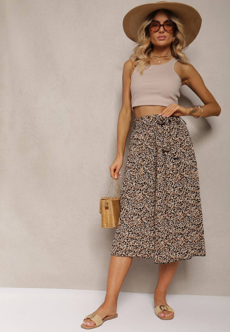 Pantaloni palazzo negru-bej plisati cu talie inalta, cu centura din material și elastic în talie Isefia