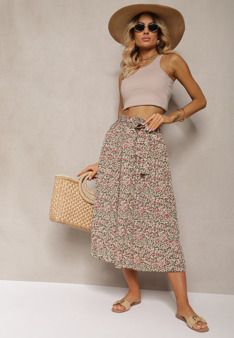 Pantaloni largi Plisate Verde-Roz Talie înaltă cu curea din material și elastic în talie Isefia