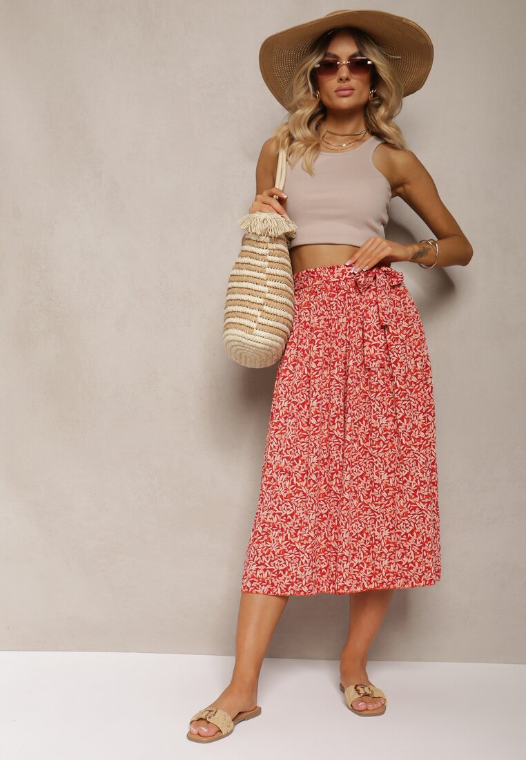 Pantaloni Roșii Plisați Palazzo cu talie înaltă, cu cordon din material și elastic în talie Isefia