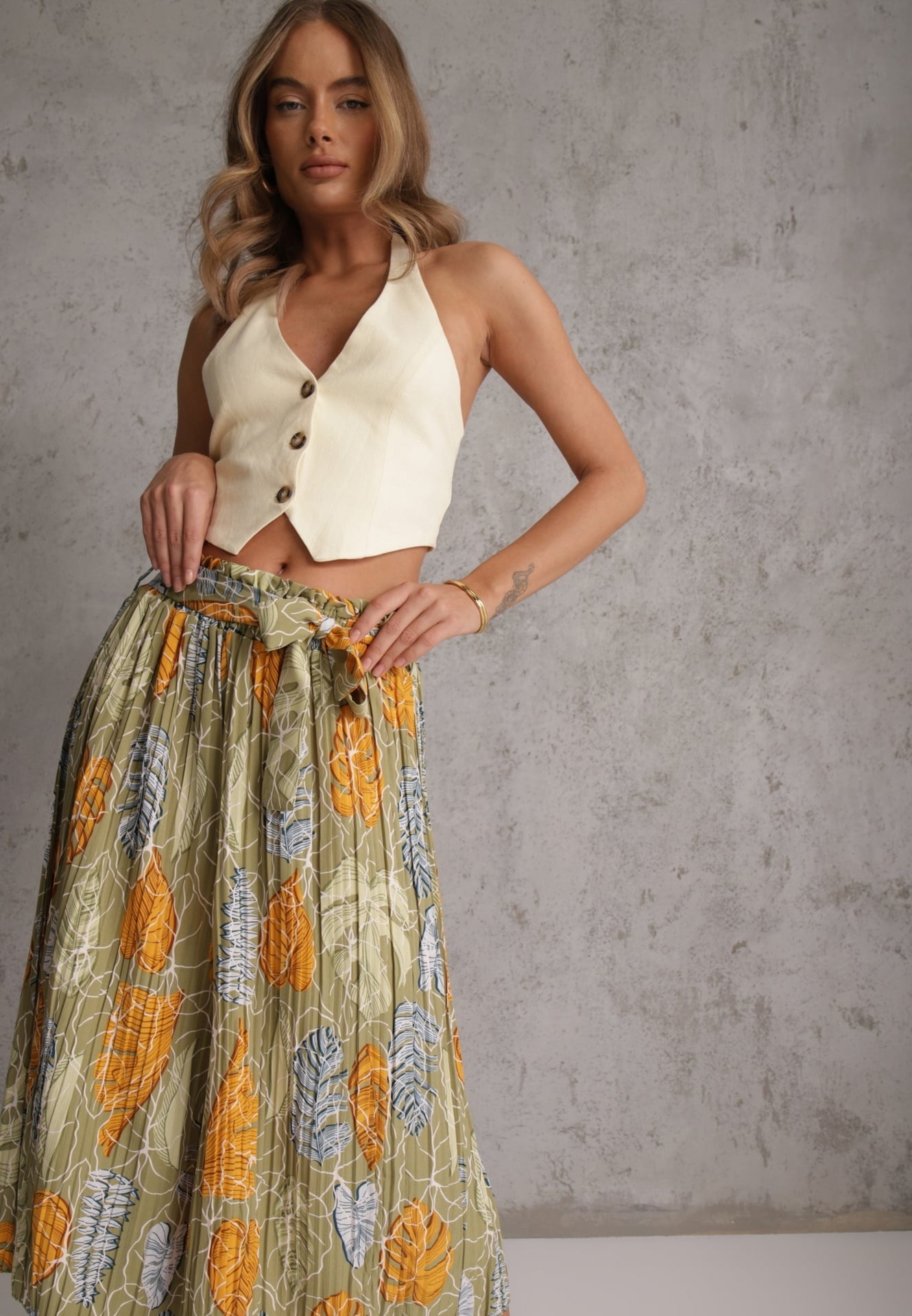 Pantaloni evazați Verzi Deschis din bumbac cu talie înaltă și elastic în talie Pasefia