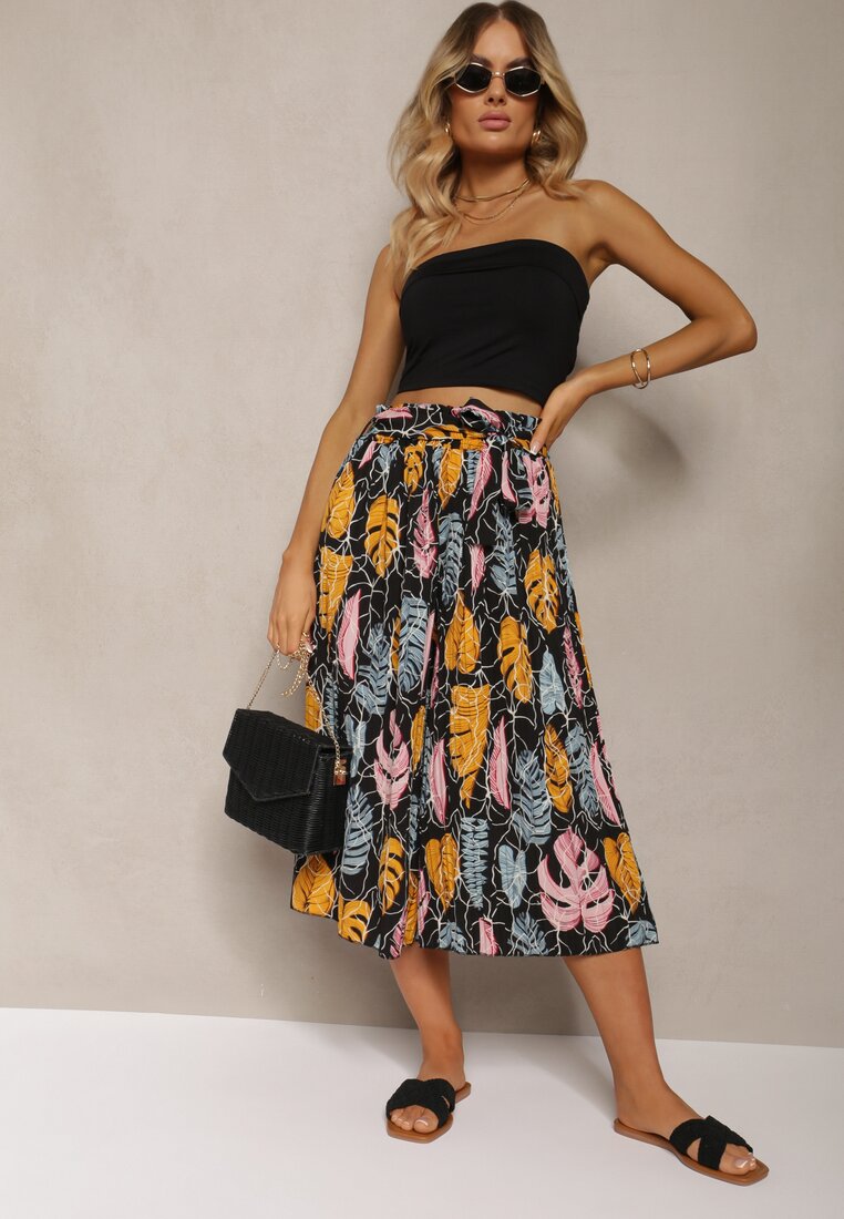 Pantaloni largi Negru-Portocaliu din bumbac cu talie înaltă, finisați cu elastic în talie Pasefia