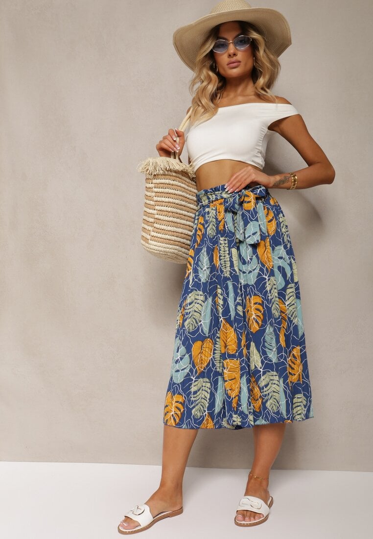 Pantaloni largi Albastru-Galben cu bumbac High Waist Finisate cu elastic în talie Pasefia