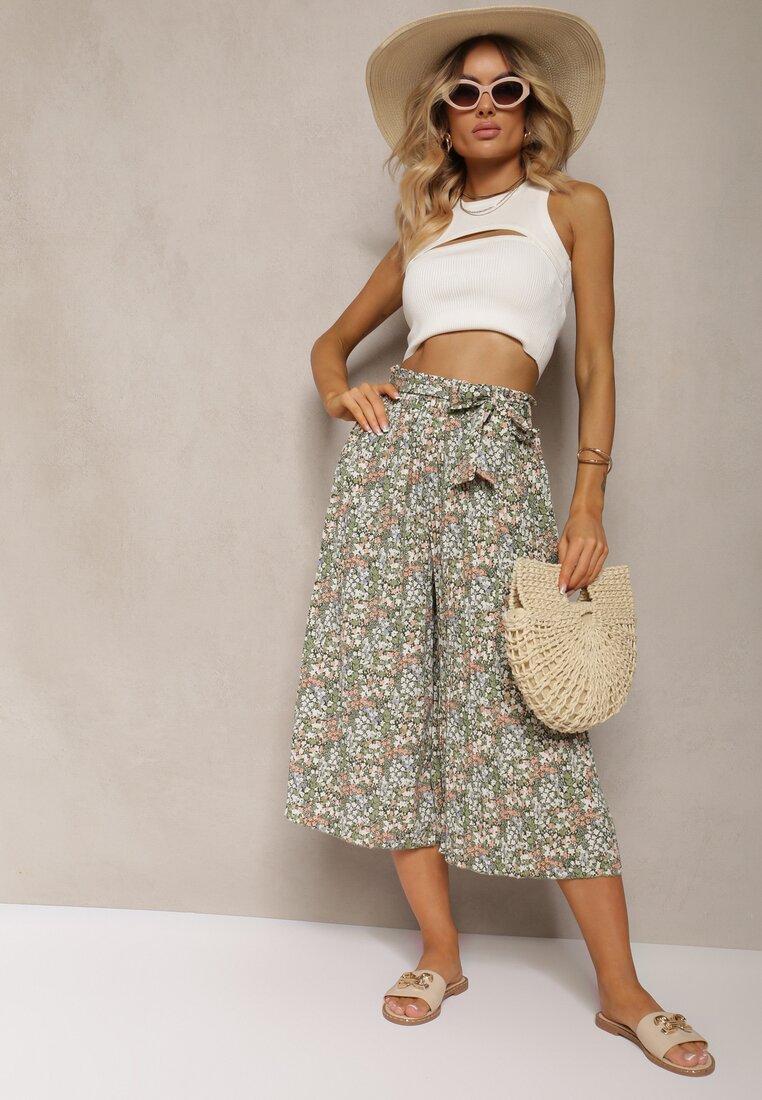 Pantaloni Verzi Largi Talie înaltă din bumbac cu curea și elastic în talie Drosofia