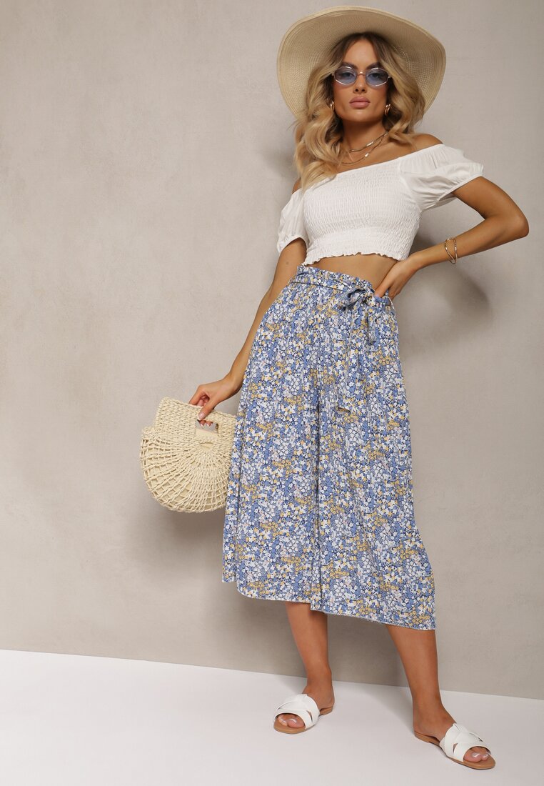 Pantaloni albaștri cu picioare largi talie înaltă din bumbac cu curea și elastic în talie Drosofia