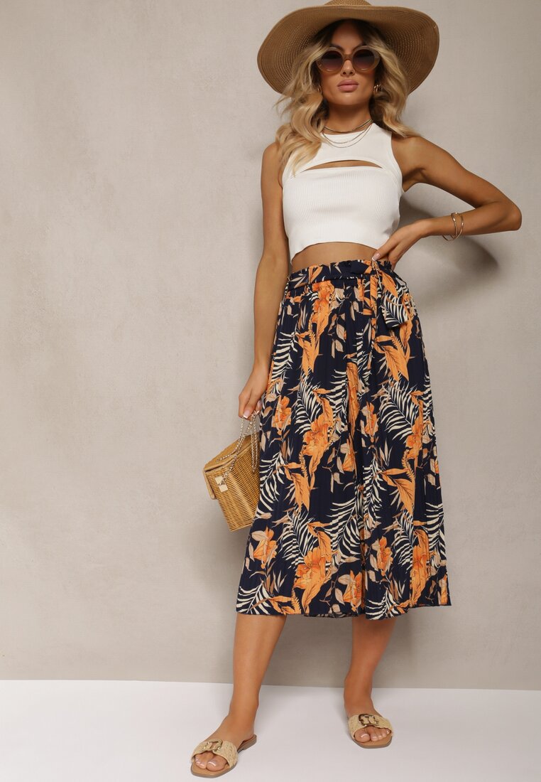 Pantaloni bleumarin-portocalii cu talie înaltă, cu picioare largi, cu elastic în talie și cu cordon din material Berlefia