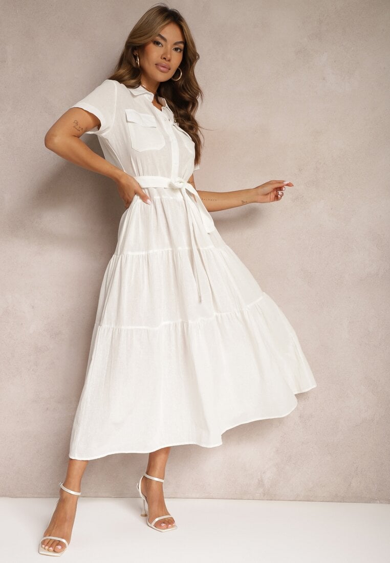 Rochie albă cloș din bumbac, stil cămașă, cu cordon în talie Arosofia