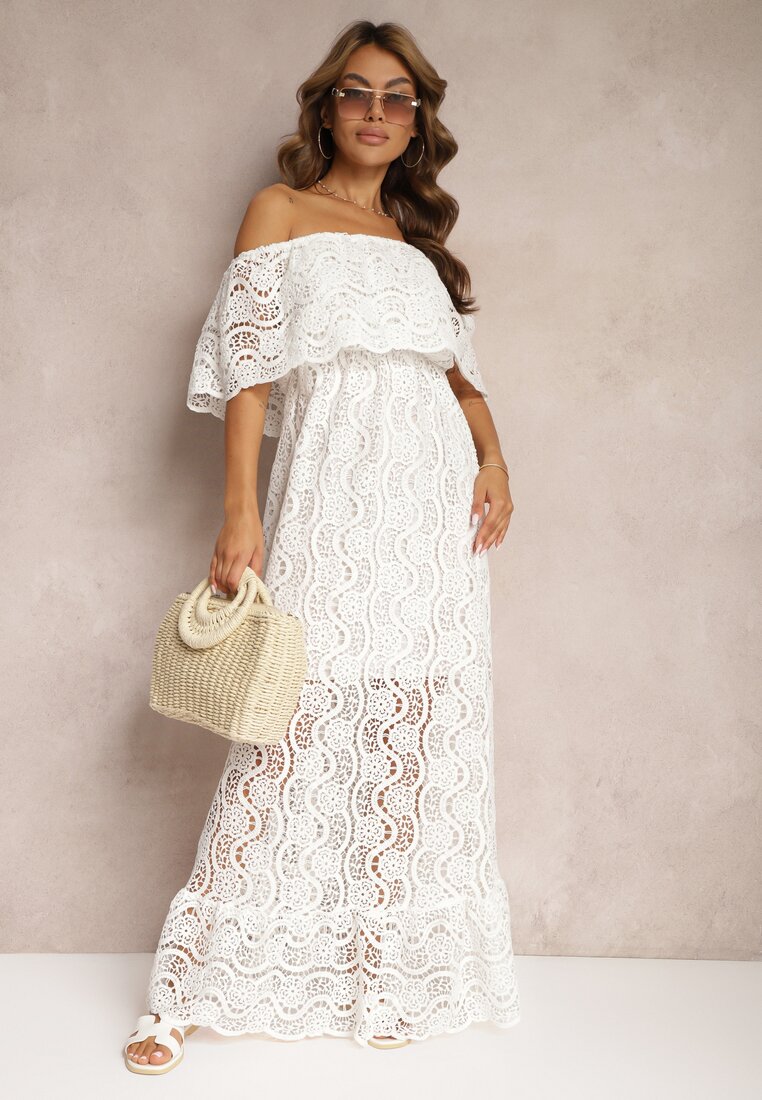 Rochie Albă Ajurată din Bumbac cu Decolteu Tip Carmen Finisată cu Elastic în Talie Helavia