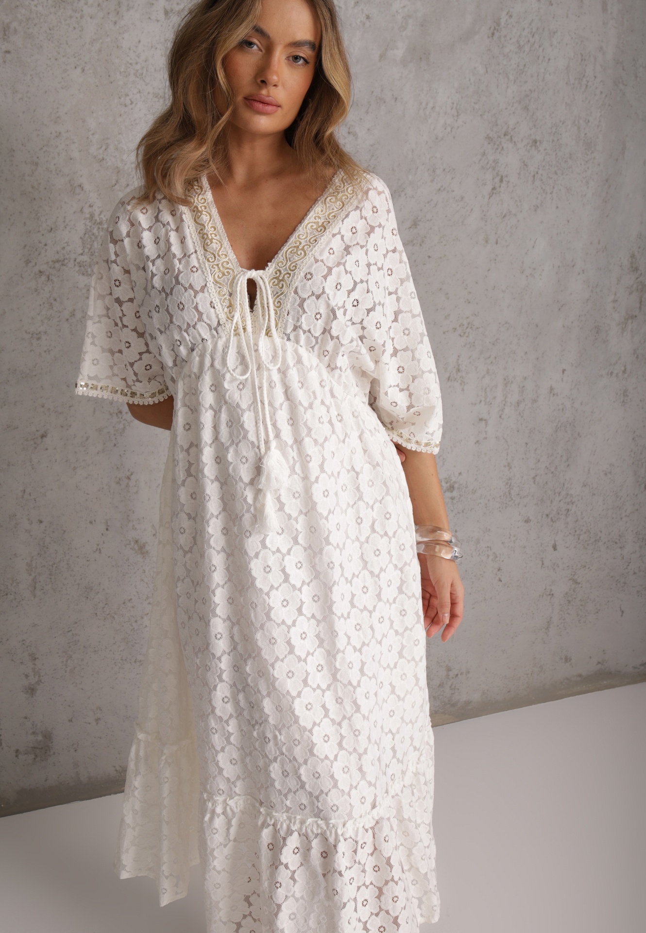 Rochie Albă cu Dantelă și cu Adaos de Bumbac Finisată cu Legătură și Elastic în Talie Jasevia