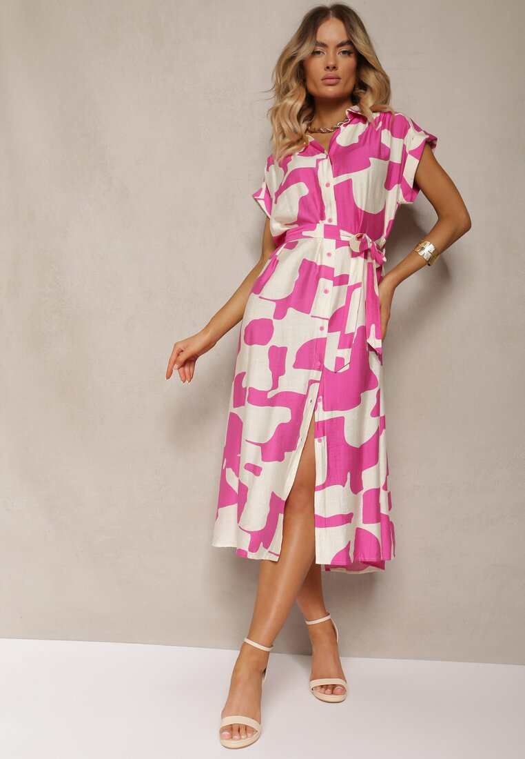 Rochie Roz și Albă cu croi cămașă, cu curea textilă în talie, cu imprimeu colorat Hilefia