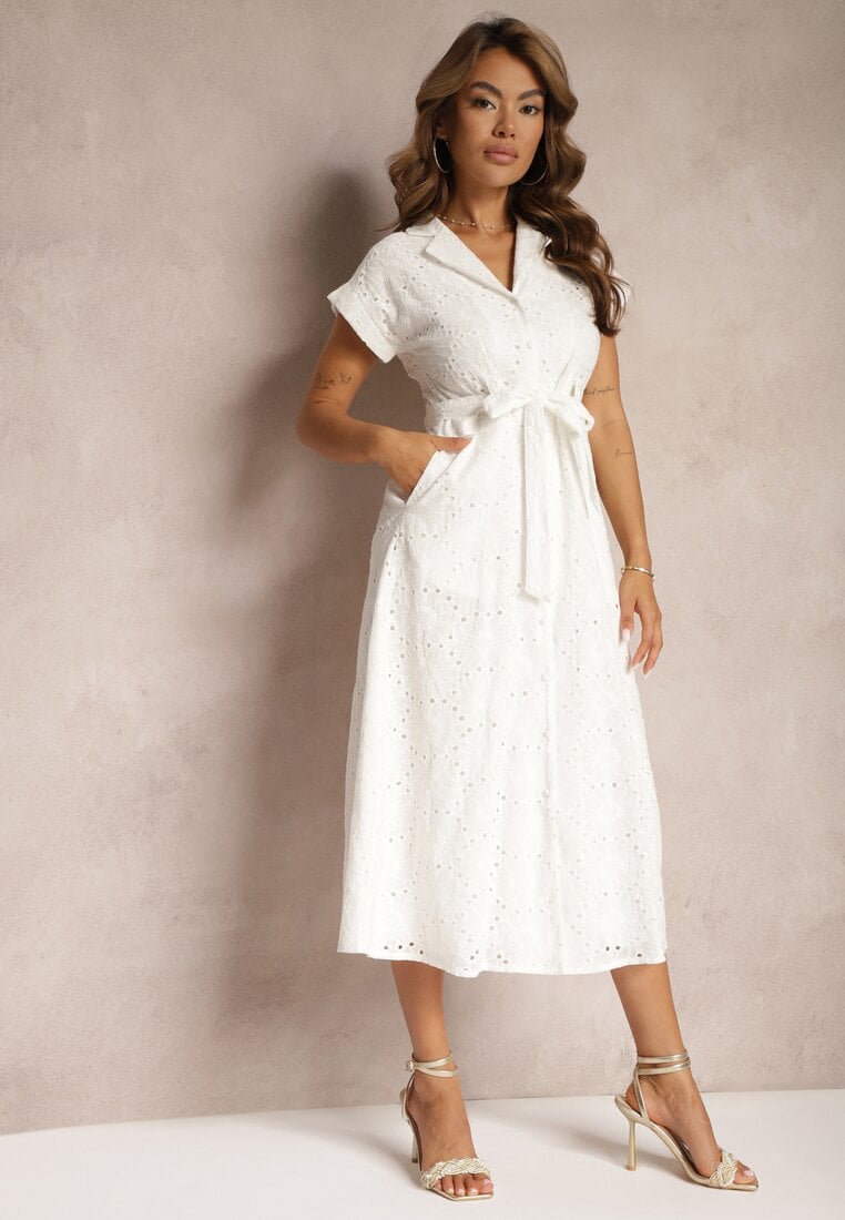 Rochie Albă Evazată Tip Cămașă din Bumbac cu Broderie Ajurată și Curea Ilosofia