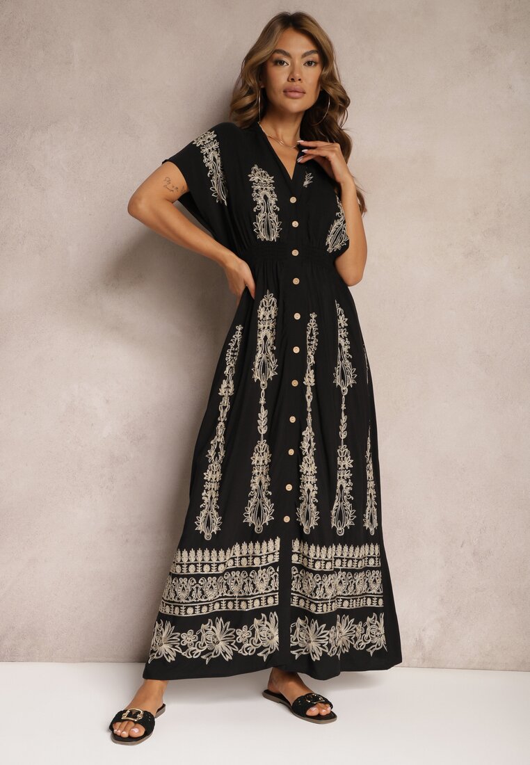 Sukienka Koszulowa Neagră din bumbac cu elastice în talie încheiată cu nasturi Fosofia