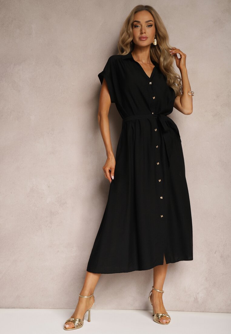Rochie neagră evazată stil cămașă decorată cu cordon în talie și nasturi Rosofia