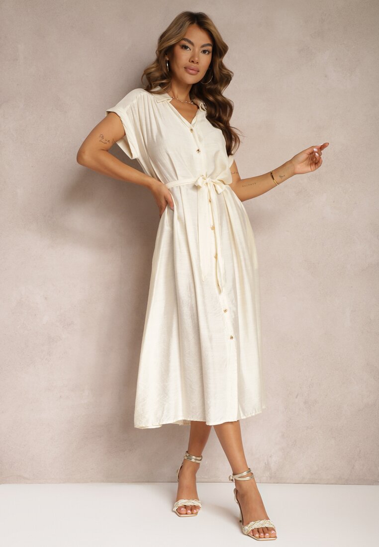 Sukienka Cloș Bej cu croială tip cămașă Decorată cu curea în talie și Nasturi Rosofia