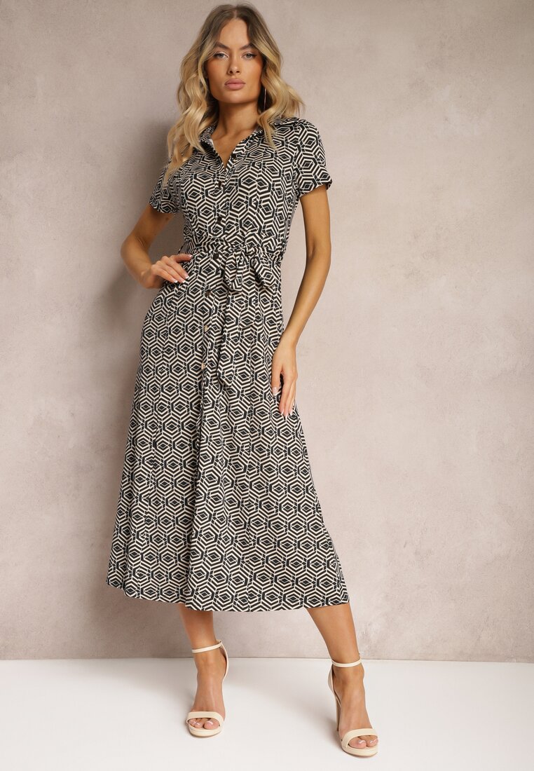 Rochie Neagră Cambrată cu croială tip cămașă Încheiată cu nasturi cu model geometric Parra
