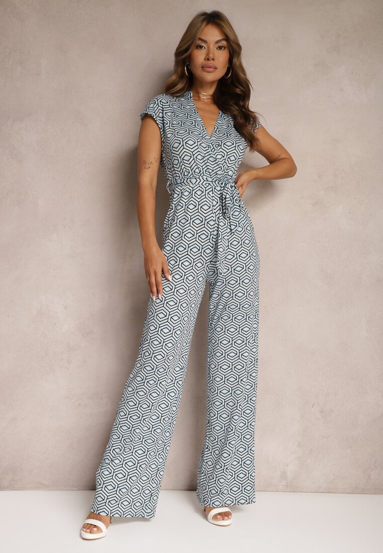 Salopetă Albastră cu adaos de vâscoză cu legătură în talie cu imprimeu geometric Trosofia