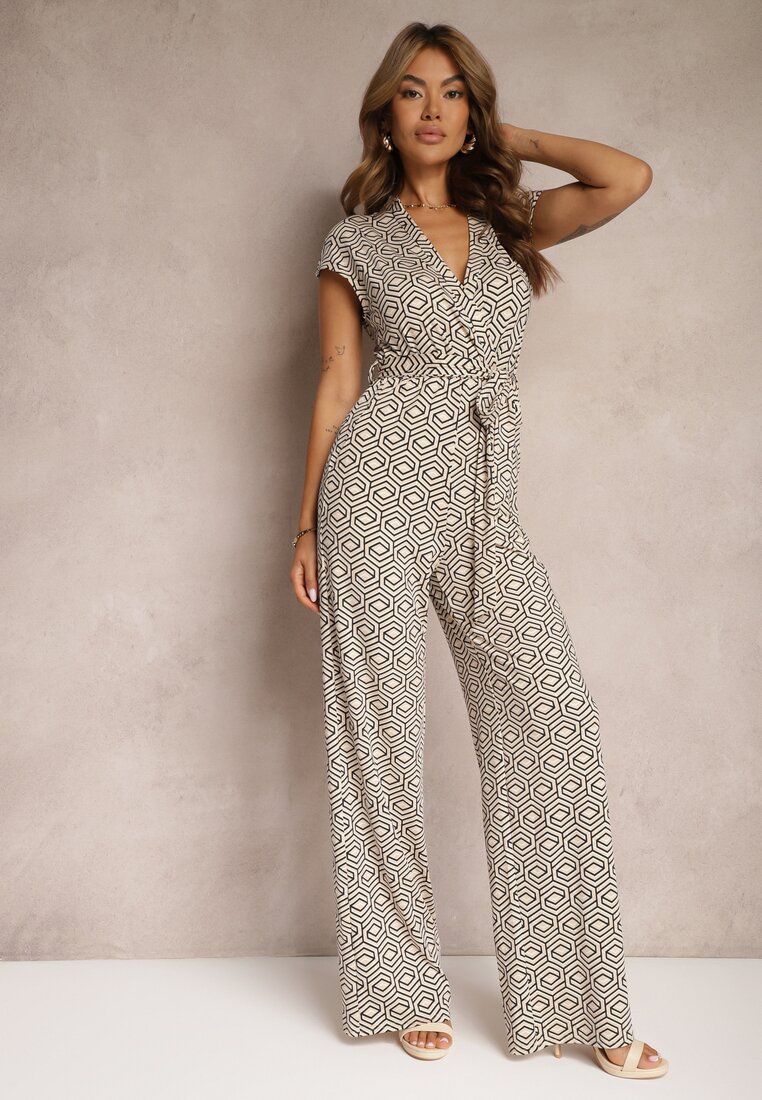 Salopetă Bej-Negru cu adaos de viscoză, cu legare în talie, cu model geometric Trosofia