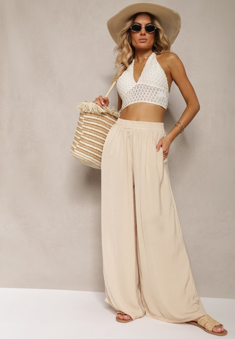 Pantaloni bej deschis talie înaltă din Viscoză și cu picioare largi Osevia