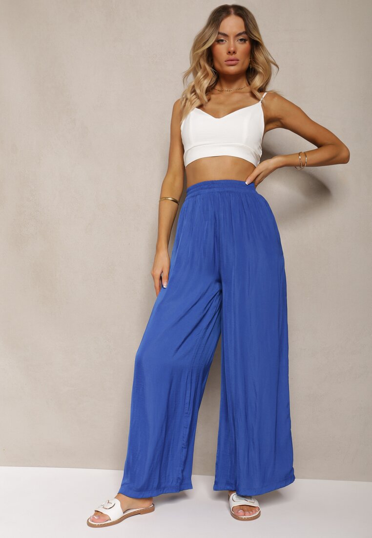Pantaloni Bleumarin High Wiast cu Viscoză și Picioare Lărgi Osevia
