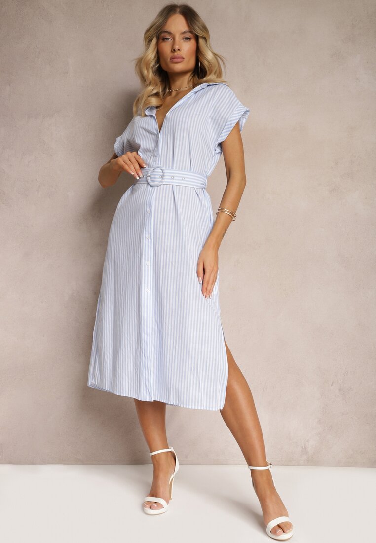 Rochie cămașă Albastră din Bumbac cu Cordon în Talie Nelassia