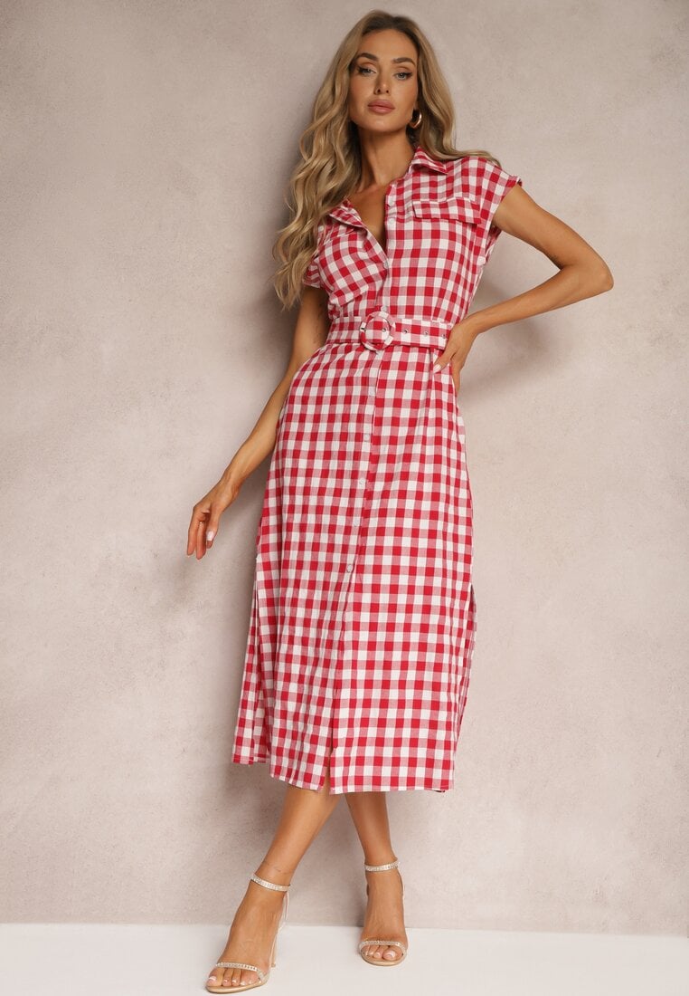 Rochie Roșie din Bumbac stil Cămașă în carouri cu Cordon în Talie Revatia