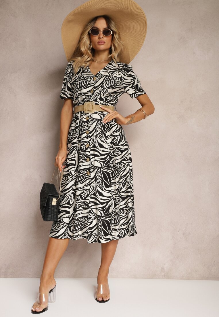 Rochie Cămașă Alb-Neagră cu Mâneci Bufante și Curea Împletită în Talie Aslatia