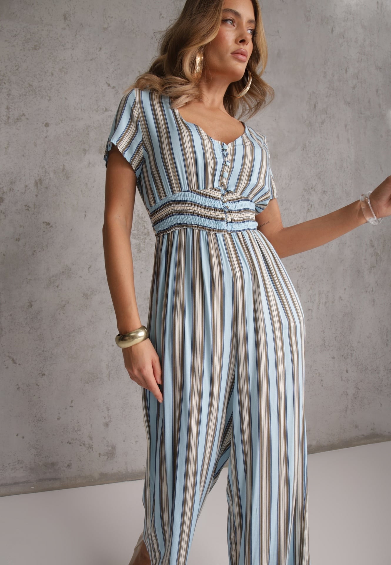 Salopetă Albastră din Viscoză cu elastic în Talie și nasturi la Decolteu Tinaviras