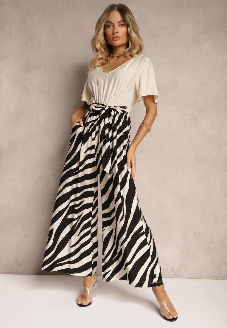 Salopetă Negru-Alb cu curea din material și mâneci largi Nellda