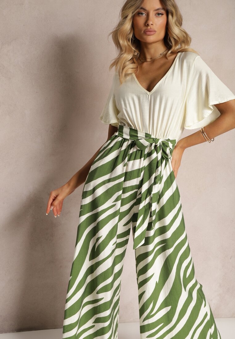 Salopetă Verde-Albă cu curea din material și mâneci largi Nellda