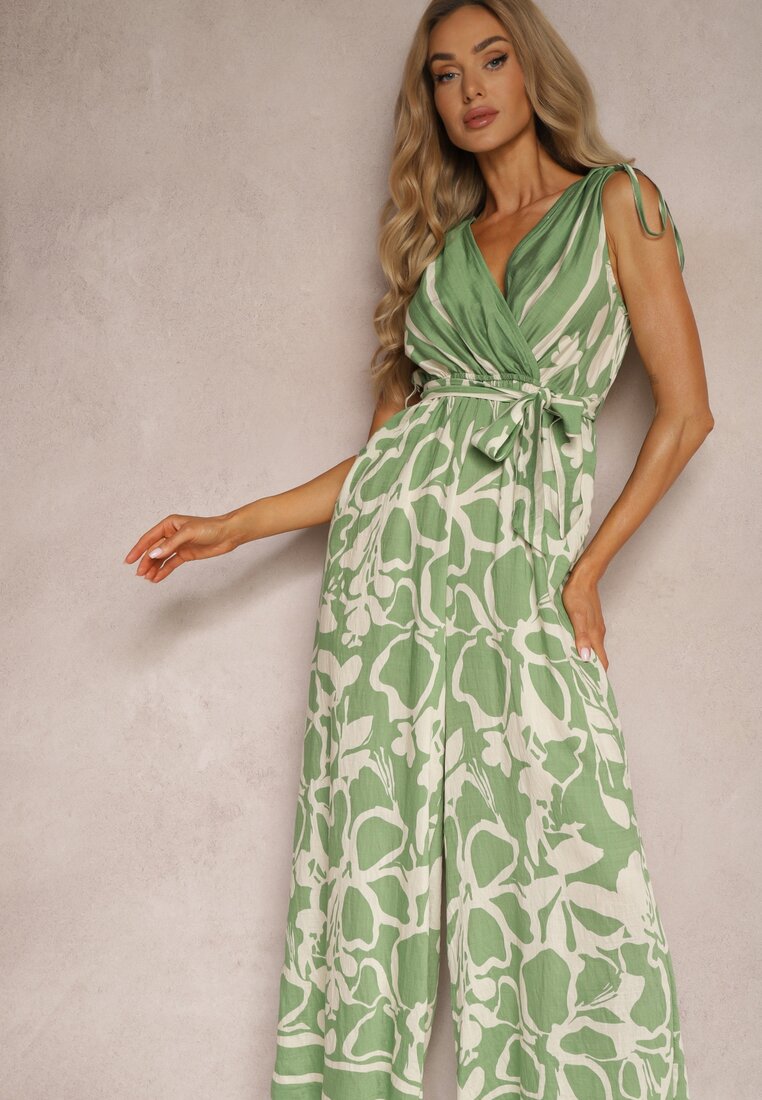 Salopetă Verde cu adaos de vâscoză, cu cordon în talie și decolteu petrecut Paratia