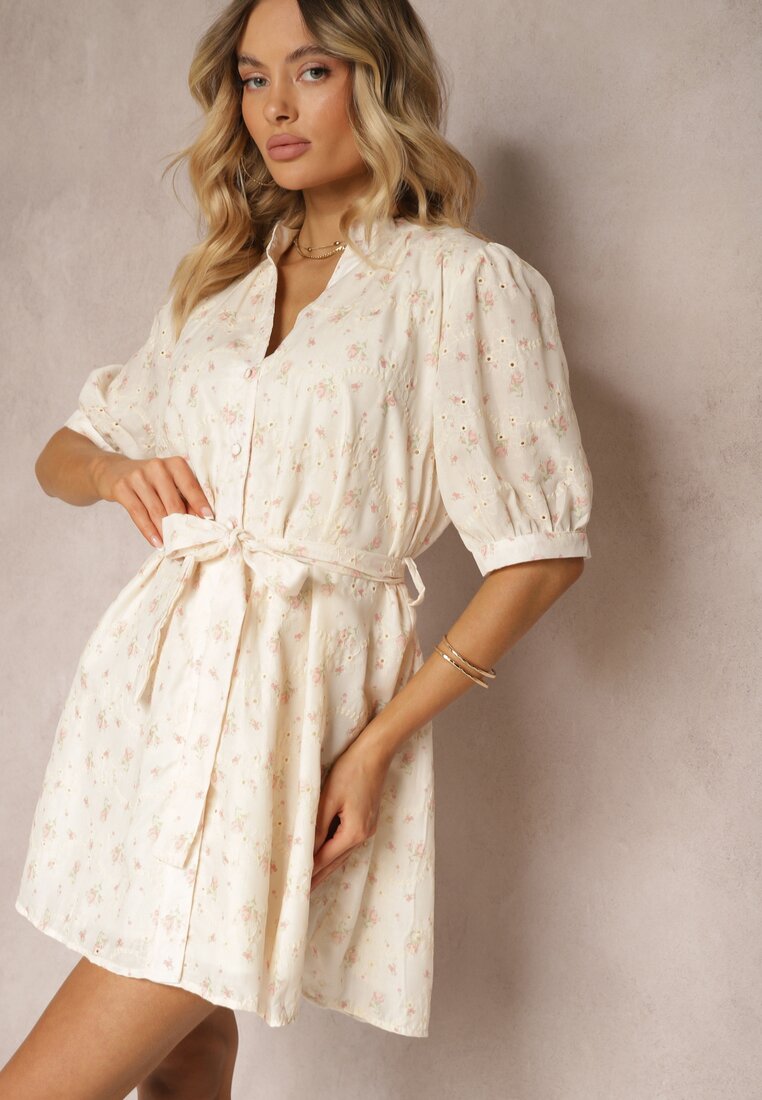 Rochie Bej-Roz Trapez stil cămașă Decorată cu cordon textil în talie Darnagia