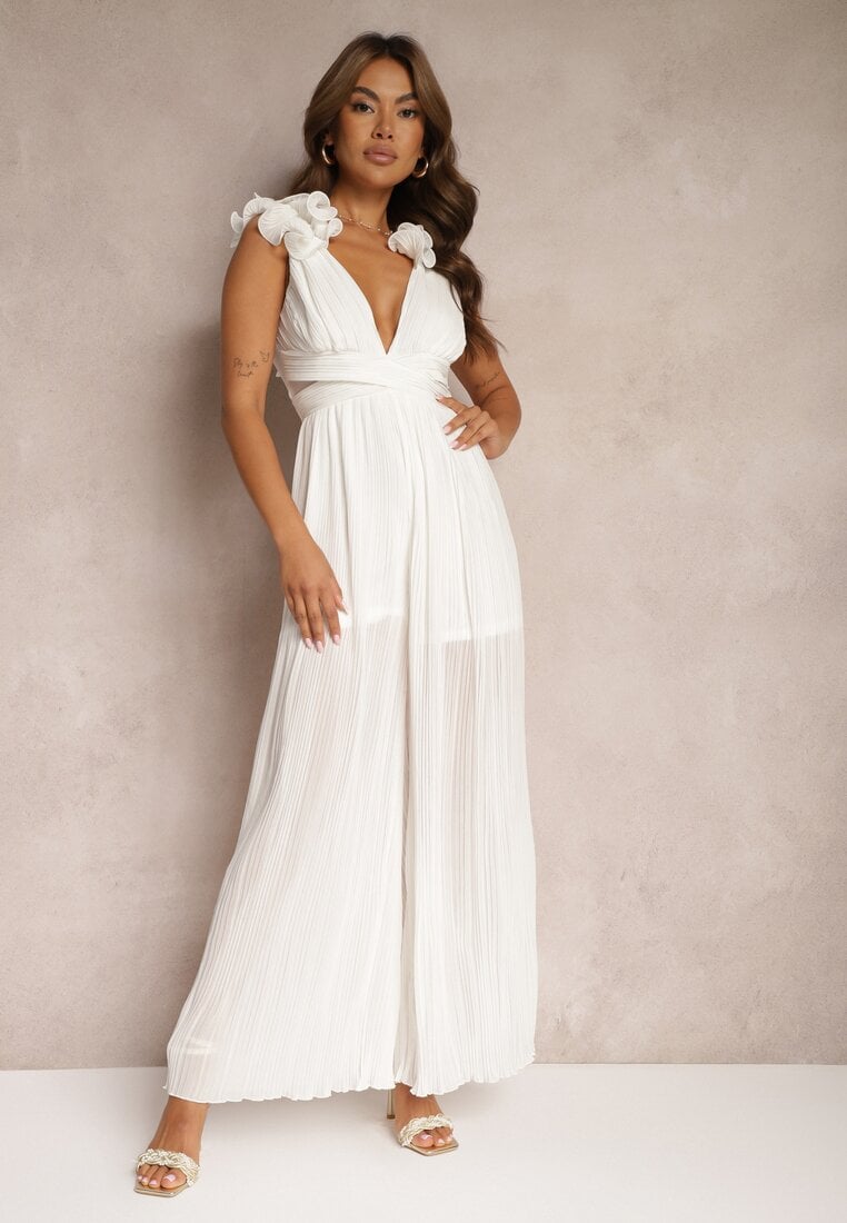 Salopetă Albă Cambrată De Cocktail Cu Picioare Largi Decorată Cu Volane Gealfrea