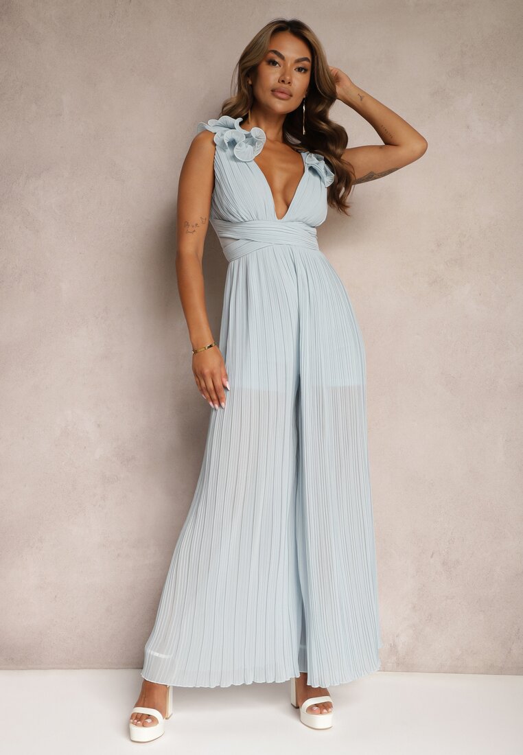 Salopetă albastră cambrată de cocktail cu pantaloni largi decorată cu volane Gealfrea