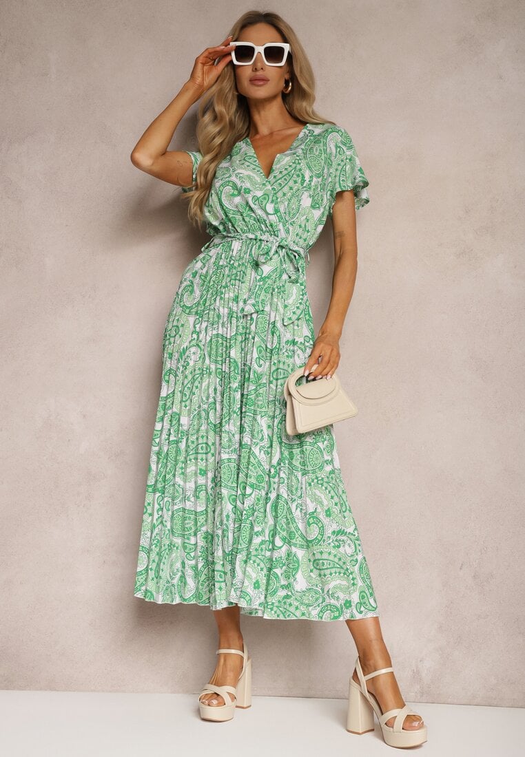 Rochie Cloș Verde cu Decolteu Triunghiular cu Cordon din Material și Elastic în Talie Carimi