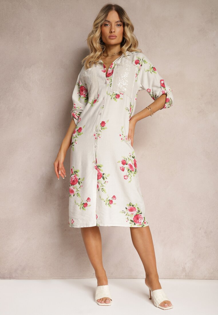 Rochie Gri deschis Tip cutie din Bumbac cu Mânecă Reglabilă Avamla