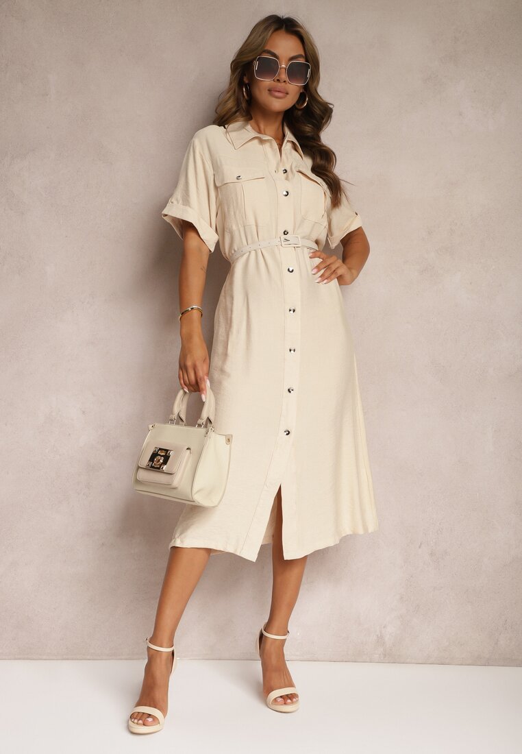 Rochie bej din viscoză stil cămașă cu cordon Nelsines
