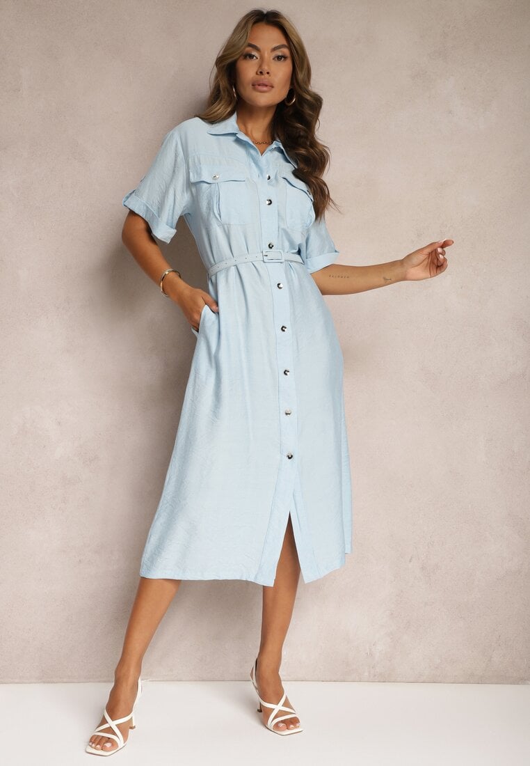 Rochie Albastră de vâscoză cu croială tip cămașă și cordon Nelavyn