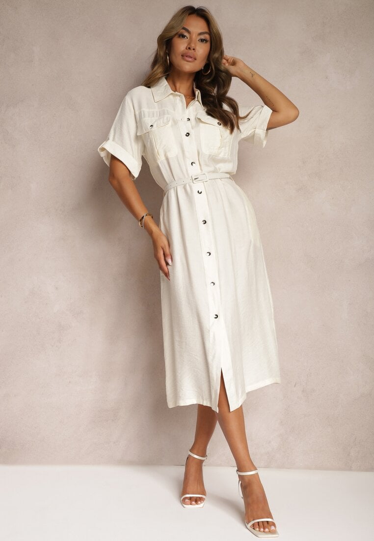 Rochie Albă din Viscoză cu croi cămașă ornată cu curea Nelsines