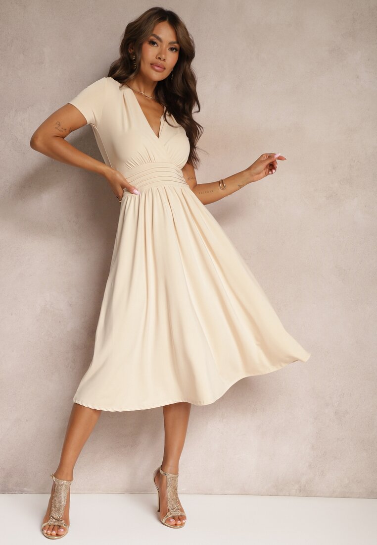 Rochie Bej Taliată cu Decolteu Petrecut cu Croi Cloș Rimadea