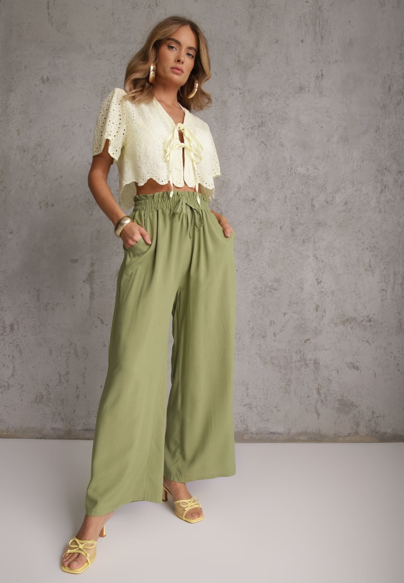 Pantaloni verde deschis din bumbac tip Palazzo cu talie înaltă cu elastic în talie Nelsaria