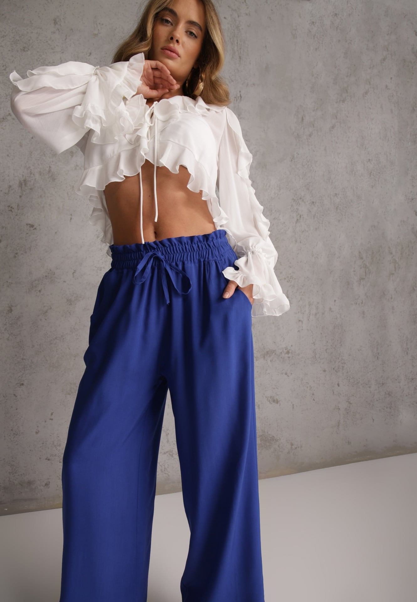 Pantaloni bleumarin din bumbac tip Palazzo cu talie înaltă cu elastic în talie Nelsaria