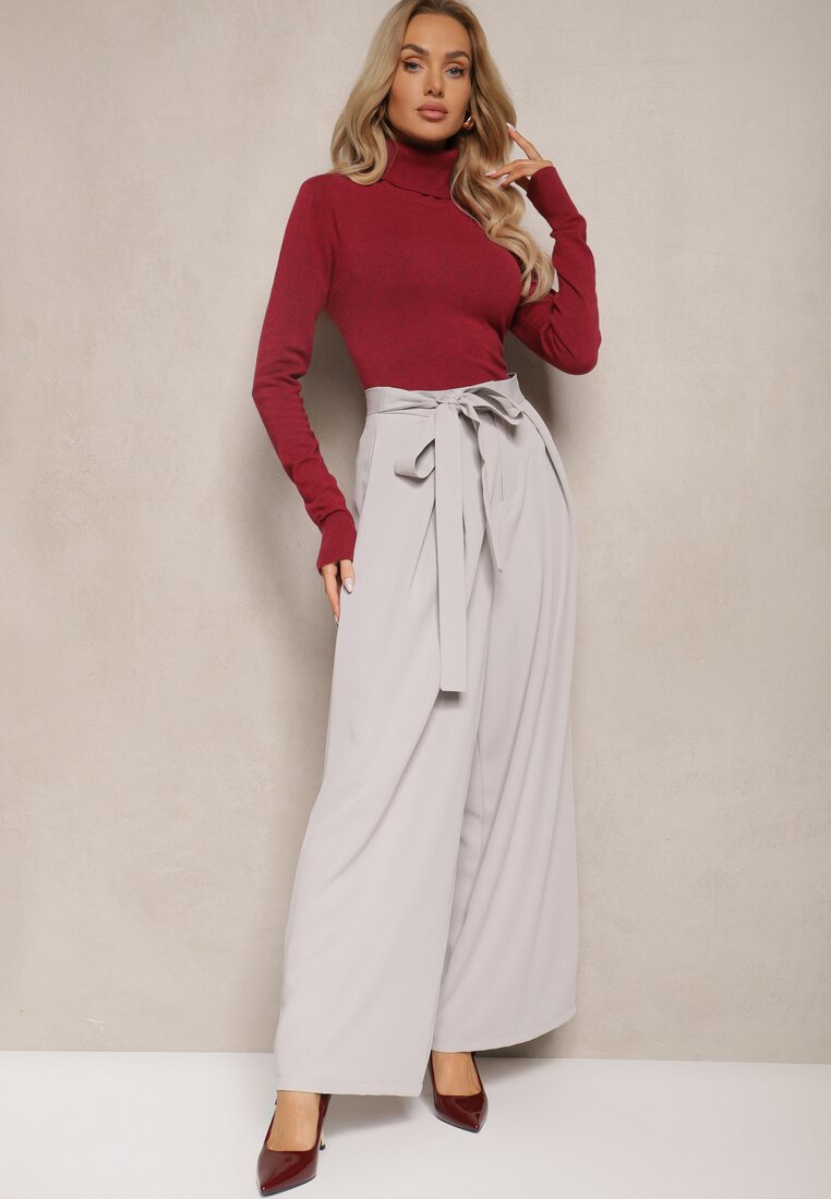 Pantaloni eleganți gri în stil costum cu talie înaltă, decorați cu curea în talie Wenelsea