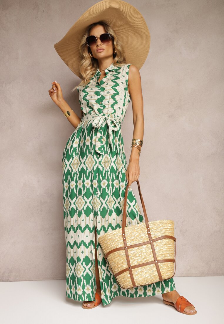 Rochie din Vâscoză Verde în Stil Cămașă cu Cordon din Material în Talie Drevima