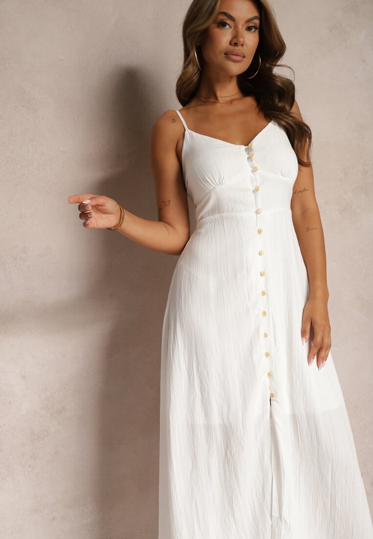 Rochie albă cambrată cu nasturi și bretele reglabile Quafea